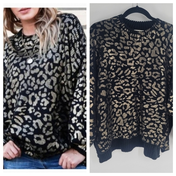 ANDTHEWHY Black Metallic Gold Cheetah Print Oversized Balloon Sleeve Sweater L - Picture 1 of 5